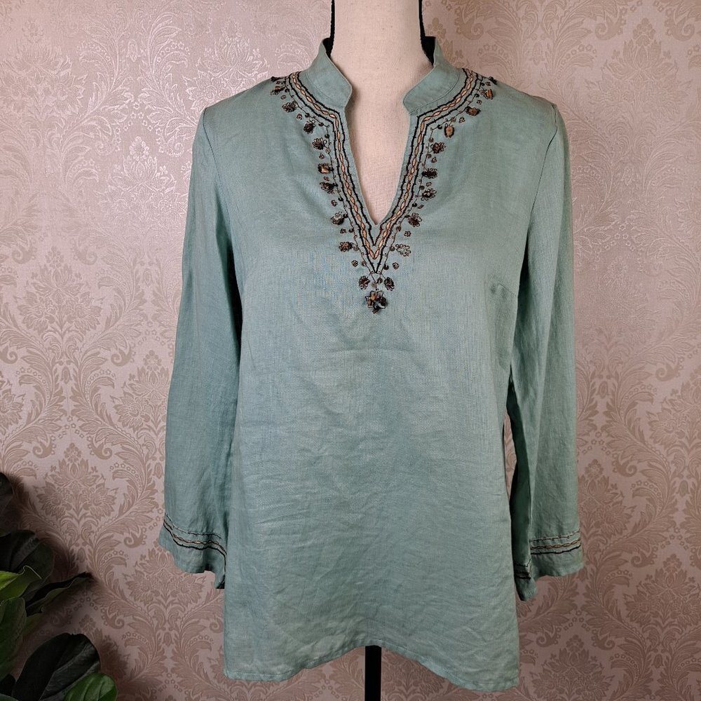 Rafaella Size 8 Light Green Tunic Embroidered Stone Accents 100% Linen Long Slv